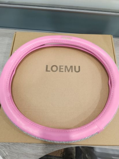 Picture of LOEMU Pink Bling Steering Wheel Cover, Rhinestone Decor Auto Accessory, Universal Fit (14.5-15 Inch), Non-Slip Leatherette Car Steering Wheel Wrap